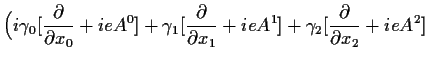 $\displaystyle {\Big(i \gamma_0 [\frac{\partial }{\partial x_0}+i e A^0]+
\gamma...
...al }{\partial x_1}+i e A^1]+
\gamma_2 [\frac{\partial }{\partial x_2}+i e A^2]}$